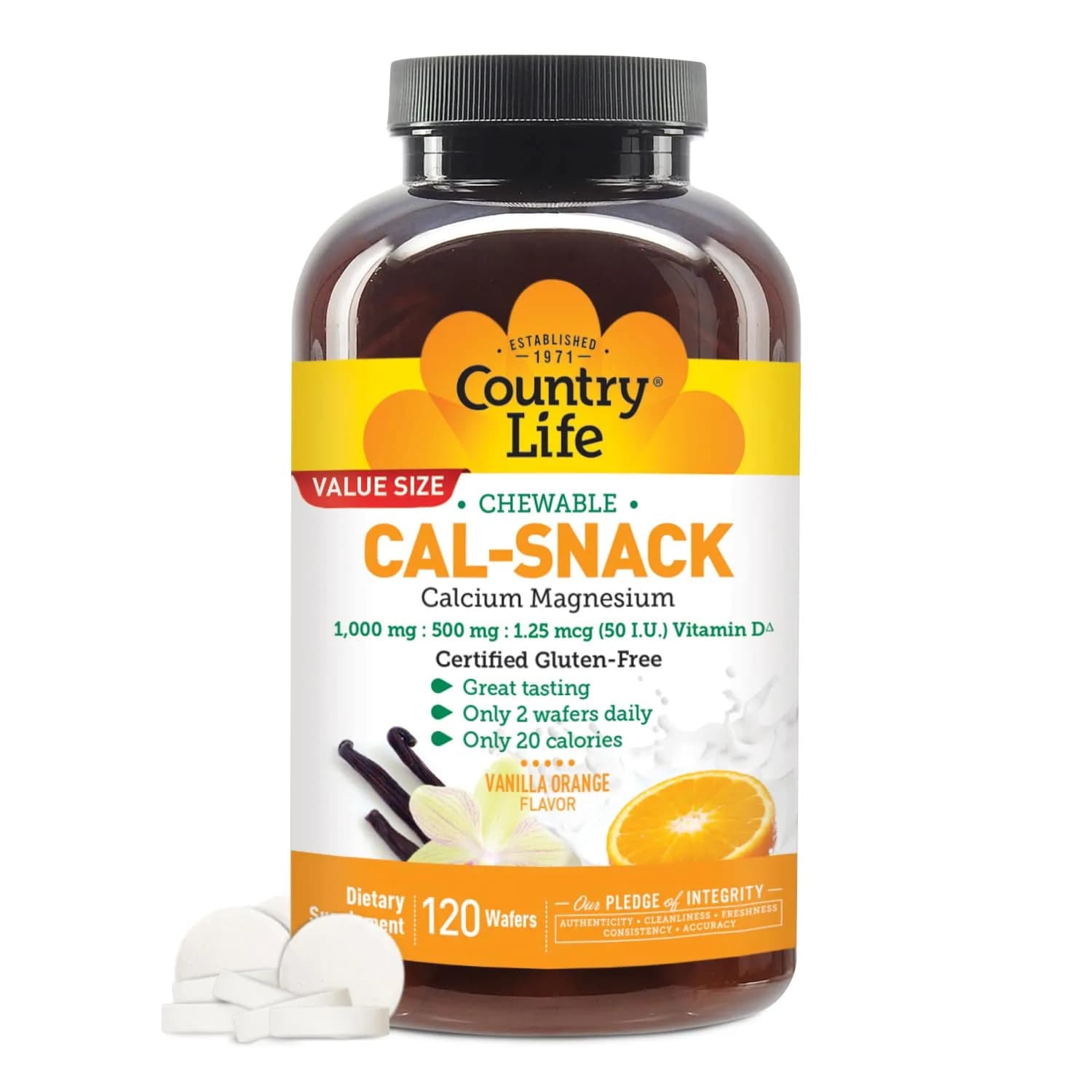 Country Life Cal-Snack Calcium Magnesium Wafers, Vanilla Orange, 120 Count | Easy-to-Chew Supplement with Vitamin D3 for Bone & Muscle Support — Chewable