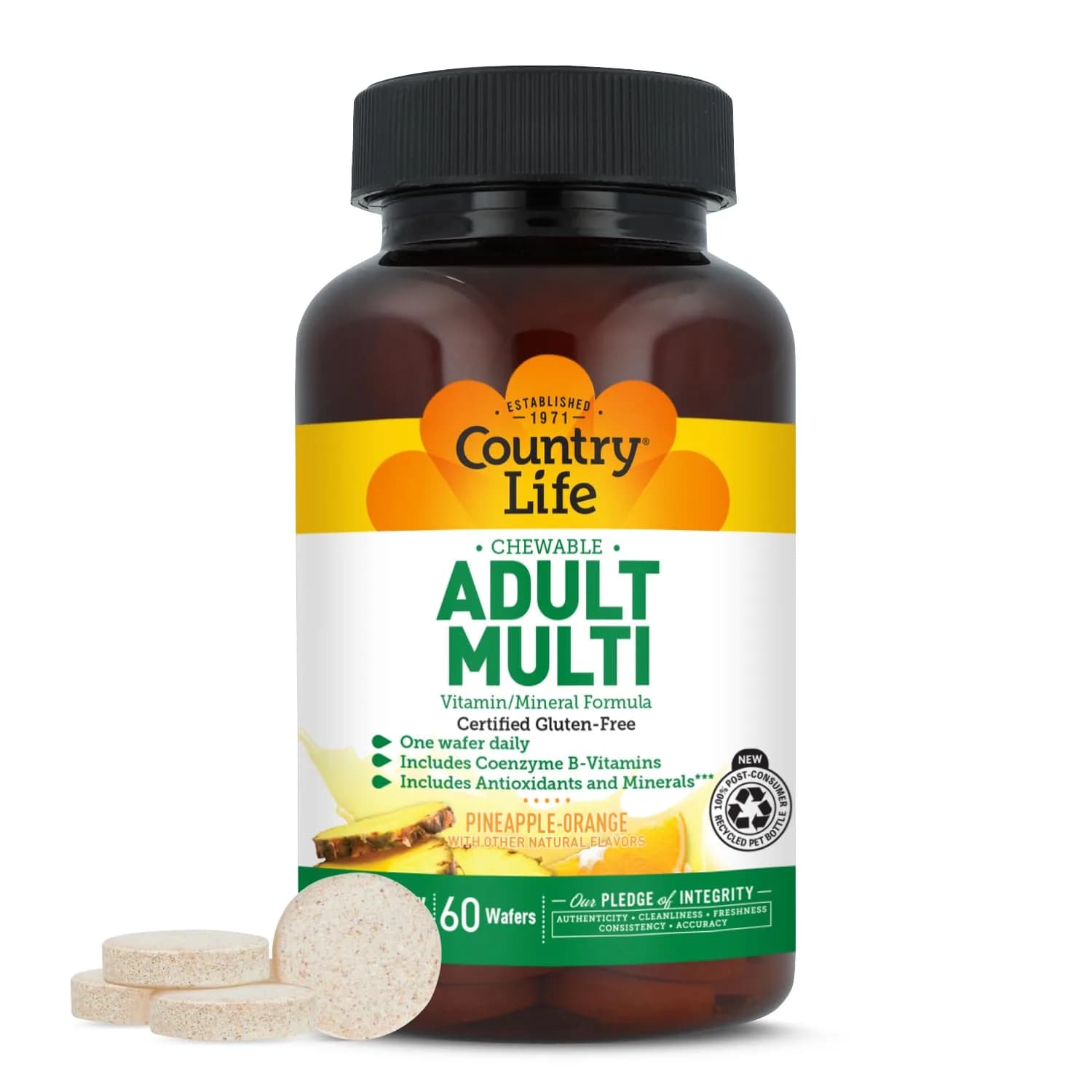 Country Life Adult Chewable Multivitamin, Pineapple Orange, 60 Wafers | Supports Energy & Immunity