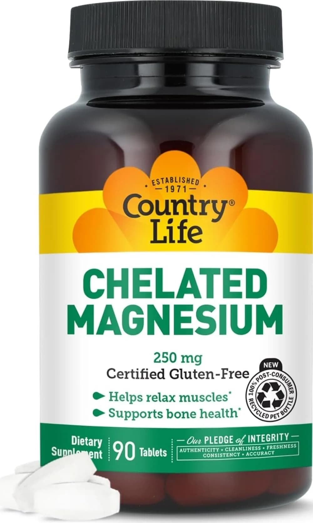 Country Life Chelated Magnesium 250 mg | Vegan, Gluten-Free, Supports Heart & Bone Health (90 Tablets) — Unflavored