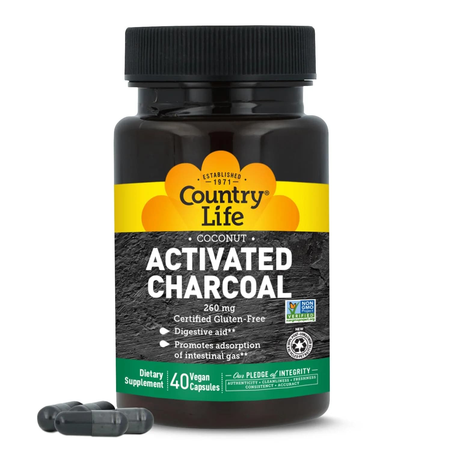 Country Life Coconut Activated Charcoal 260 mg | Vegan Capsules for Digestive Health Support — Capsule