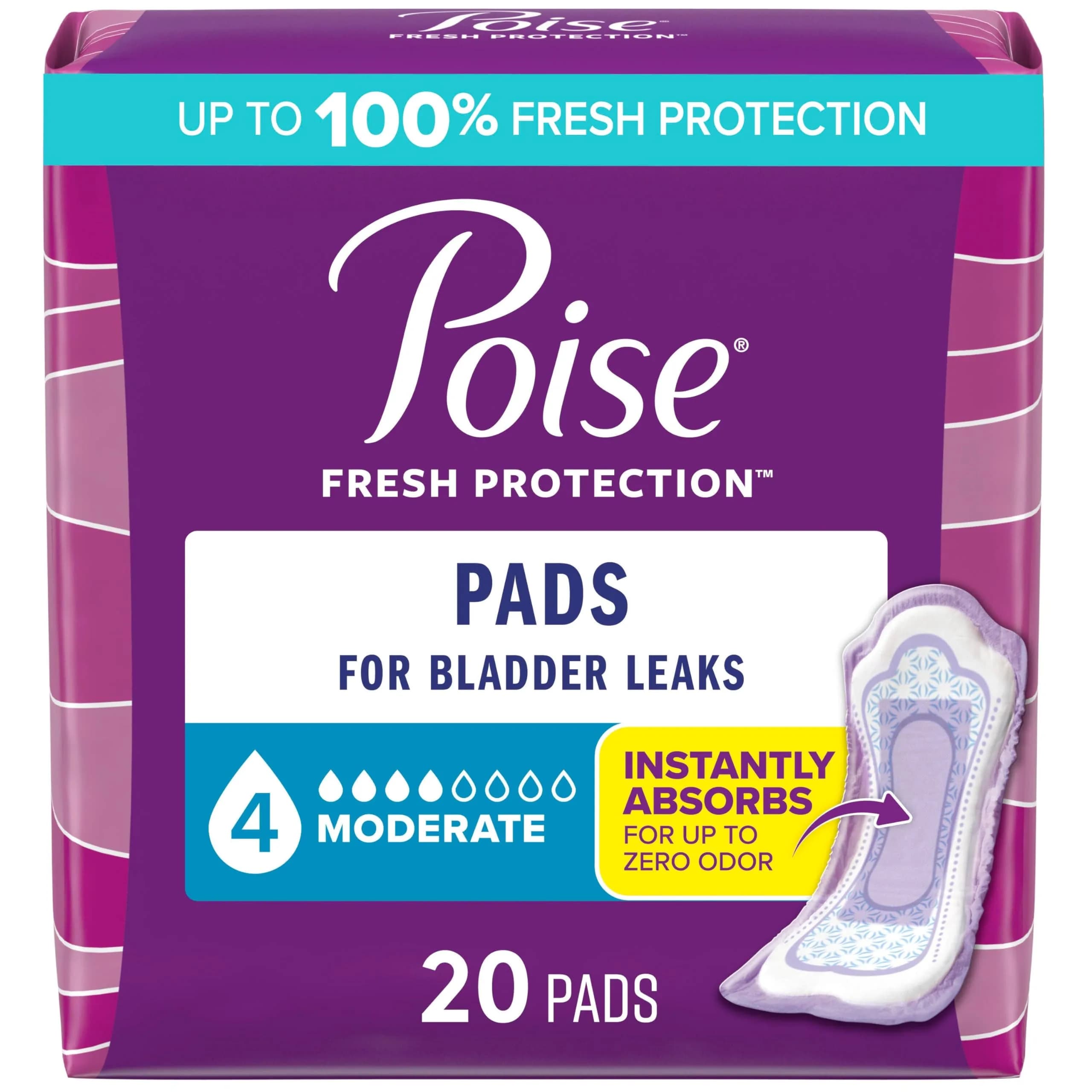 Poise Incontinence Pads for Women, 4 Drop Moderate Absorbency, 20 Count | Dermatologist Tested for Sensitive Skin
