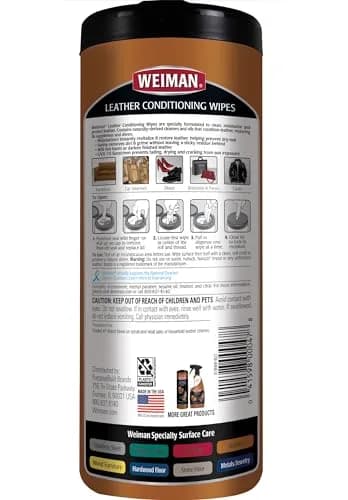 Weiman Leather Cleaner & Conditioner Wipes With UV Protection, 30 ct | Prevents Cracking & Fading on Auto Seats, Shoes, Purses thumbnail 2