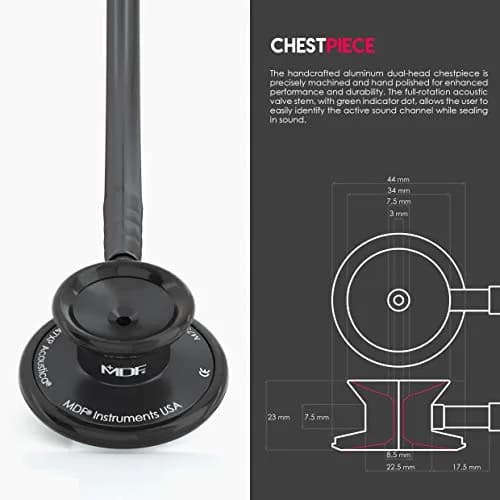 MDF Instruments Acoustica Lightweight Stethoscope for Doctors & Nurses, Black Tube, 79cm (31.2 inches) | Dual Head Acoustic Stethoscope thumbnail 4