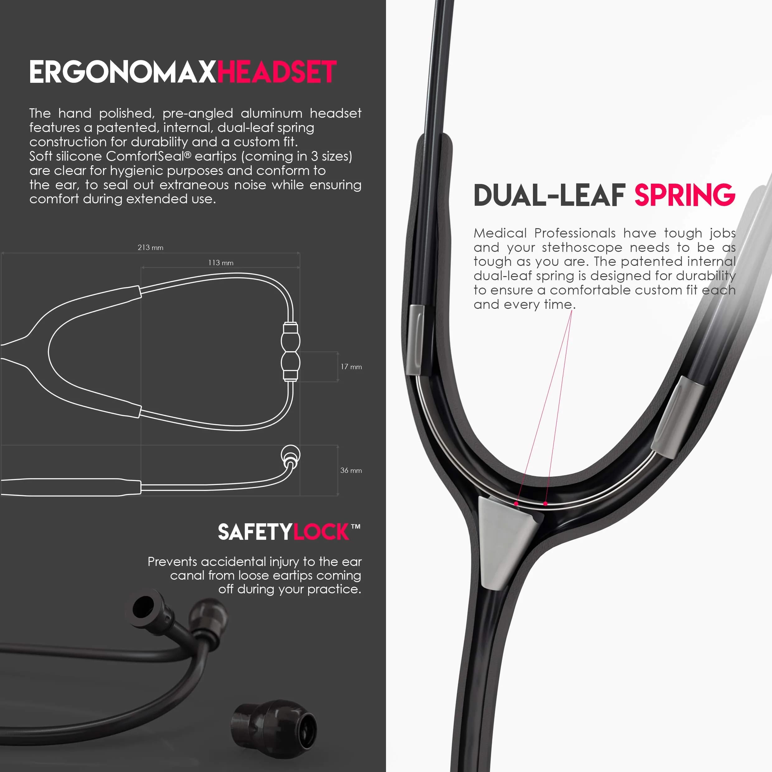 MDF Instruments Acoustica Lightweight Stethoscope for Doctors & Nurses, Black Tube, 79cm (31.2 inches) | Dual Head Acoustic Stethoscope - view 5