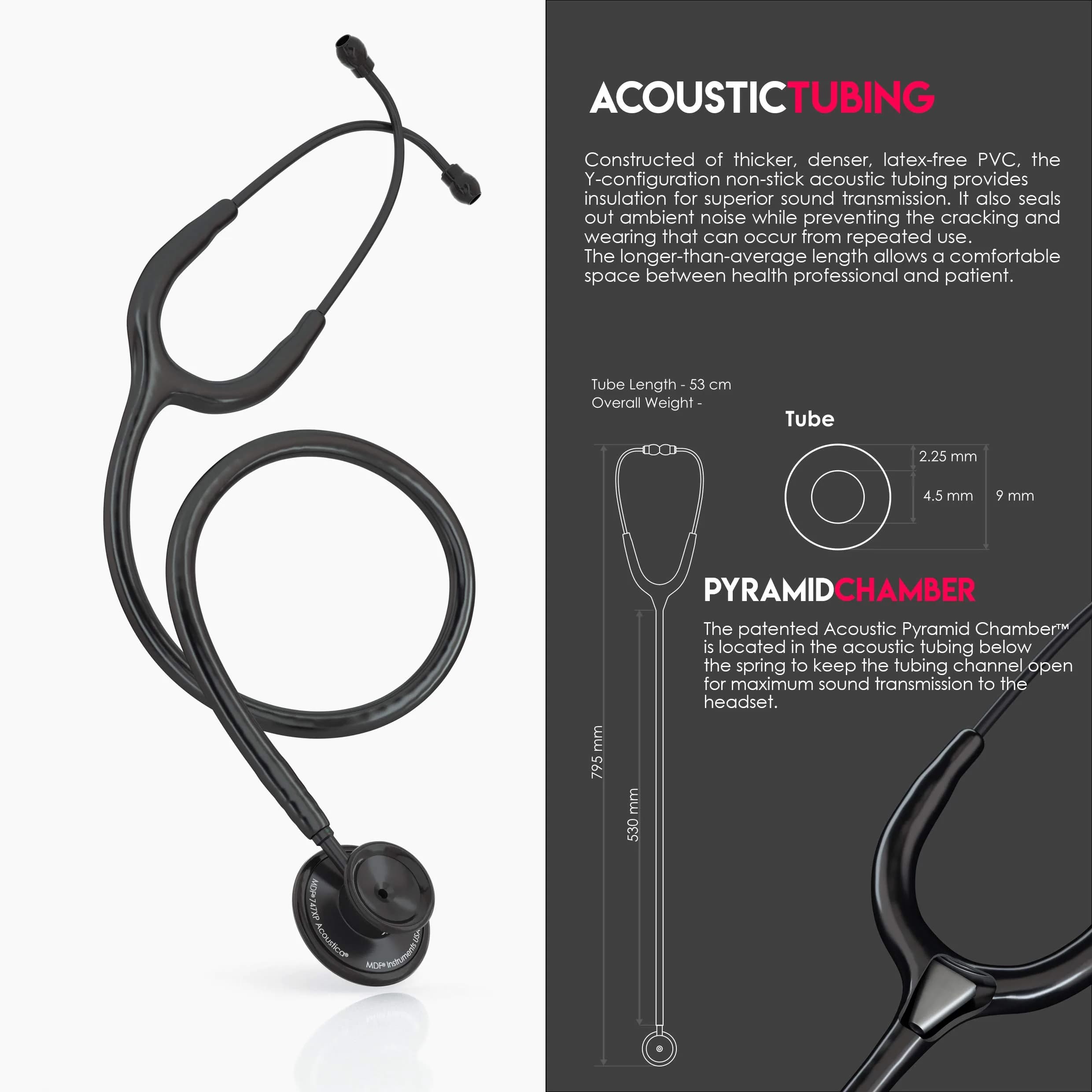 MDF Instruments Acoustica Lightweight Stethoscope for Doctors & Nurses, Black Tube, 79cm (31.2 inches) | Dual Head Acoustic Stethoscope - view 6
