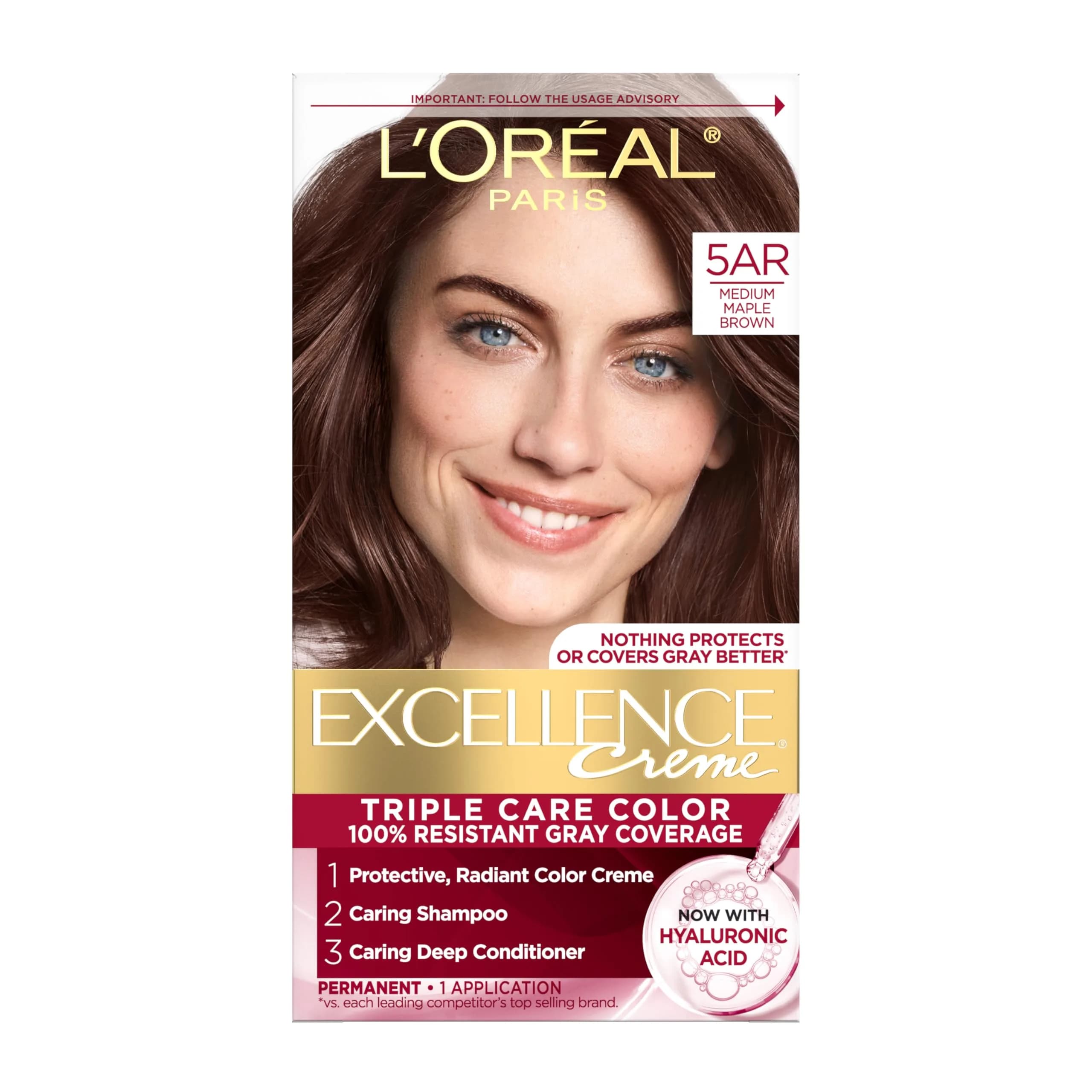 L'Oreal Paris Excellence Crème Permanent Hair Dye - Medium Maple Brown (5AR) | Triple Care Color with Hyaluronic Acid - main product image
