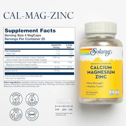 Solaray Calcium Magnesium Zinc, 100 CT | Supports Bone & Heart Health, Immune Boost, Vegan thumbnail 2