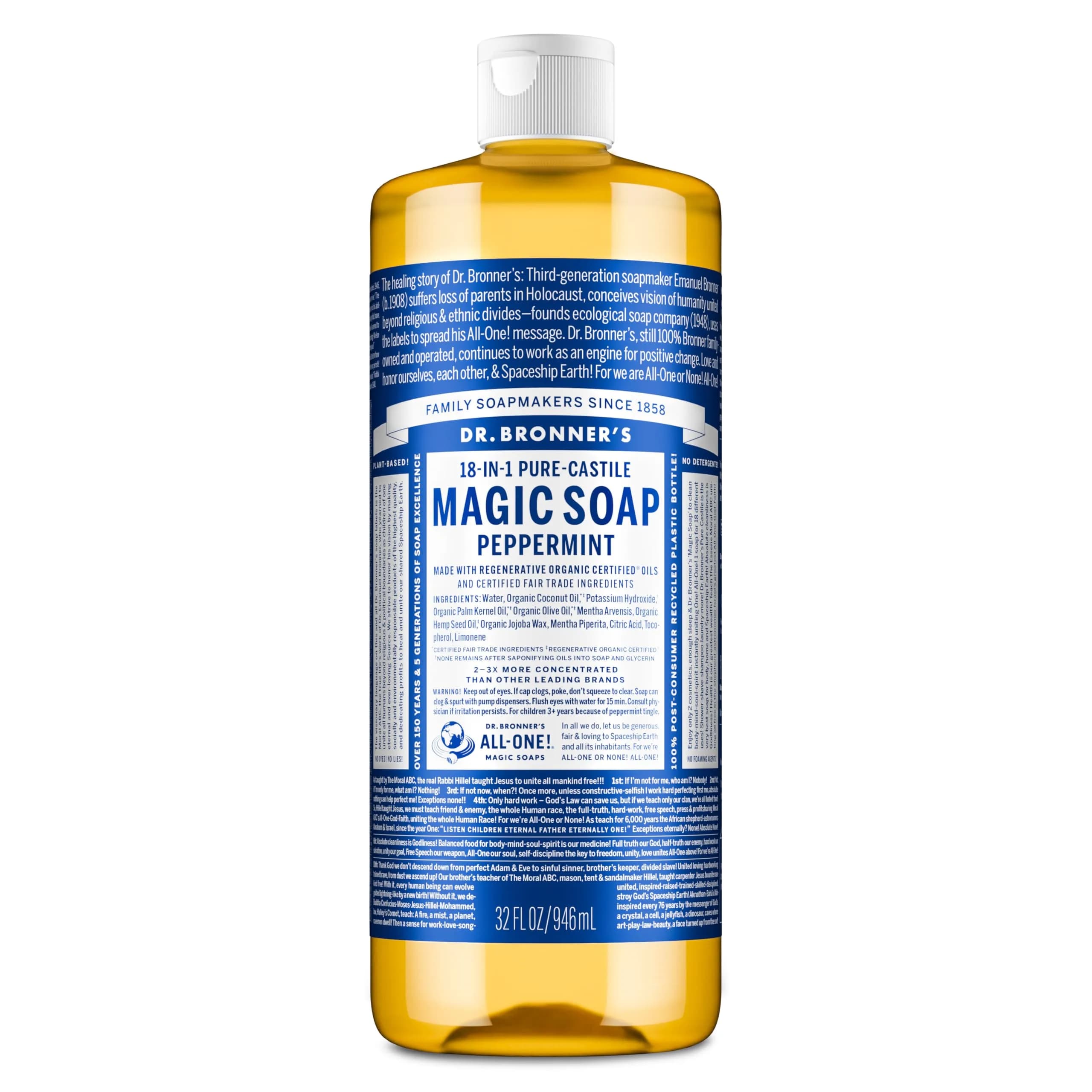 Dr. Bronner's Pure-Castile Liquid Soap Peppermint 32 Fl Oz (946ml) | Large Size Gentle All-Purpose Cleanser - main product image