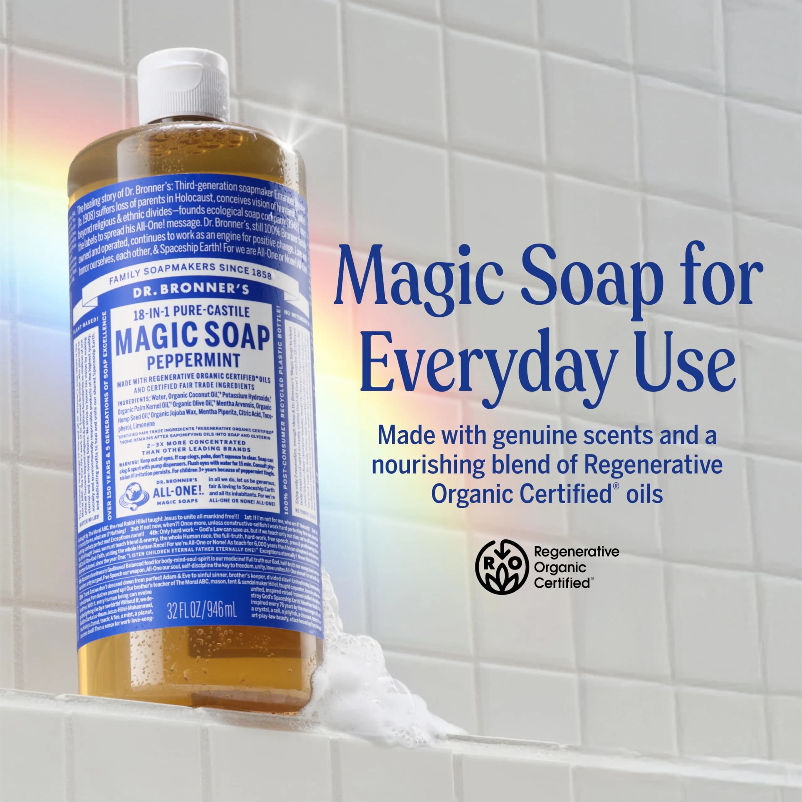 Dr. Bronner's Pure-Castile Liquid Soap Peppermint 32 Fl Oz (946ml) | Large Size Gentle All-Purpose Cleanser - view 2