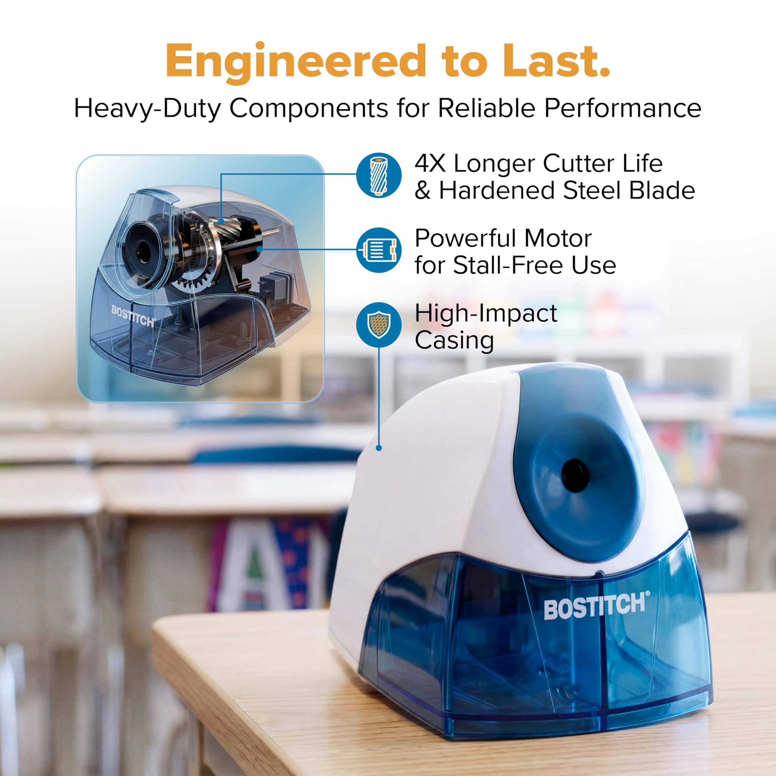 Bostitch Office Electric Pencil Sharpener Blue | Heavy-Duty Stall-Free Motor, High-Capacity Shavings Tray, Classroom & Desk Use - view 5