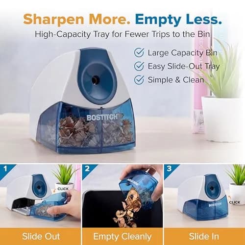 Bostitch Office Electric Pencil Sharpener Blue | Heavy-Duty Stall-Free Motor, High-Capacity Shavings Tray, Classroom & Desk Use thumbnail 2