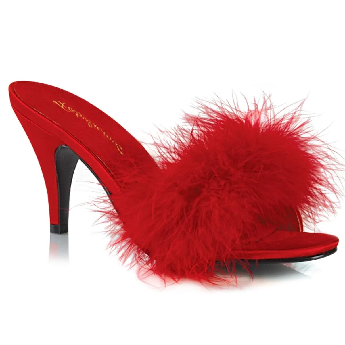 Pleaser Fabulicious Amour-03 Marabou Slipper | 3" High Heel, Satin & Feather, Black — Red Pu-fur / 5