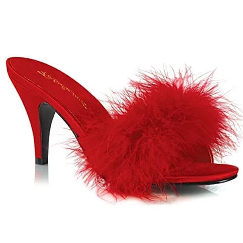 Pleaser Fabulicious Women's Amour-03 Marabou Slipper | 3" Heel, Satin & Feather, Red Pu-fur, Adult Dressy thumbnail 1