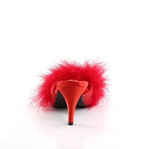 Pleaser Fabulicious Women's Amour-03 Marabou Slipper | 3" Heel, Satin & Feather, Red Pu-fur, Adult Dressy thumbnail 4