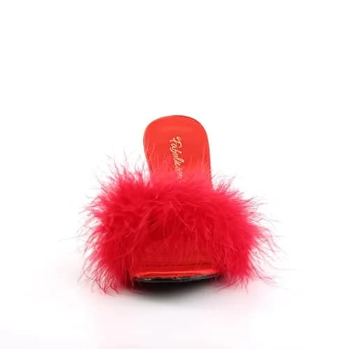 Pleaser Fabulicious Women's Amour-03 Marabou Slipper | 3" Heel, Satin & Feather, Red Pu-fur, Adult Dressy thumbnail 2