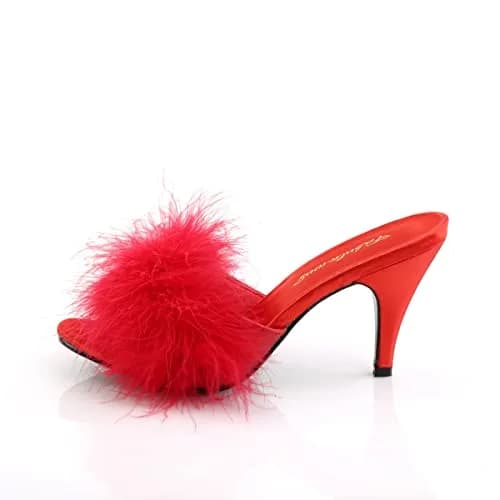 Pleaser Fabulicious Women's Amour-03 Marabou Slipper | 3" Heel, Satin & Feather, Red Pu-fur, Adult Dressy thumbnail 3