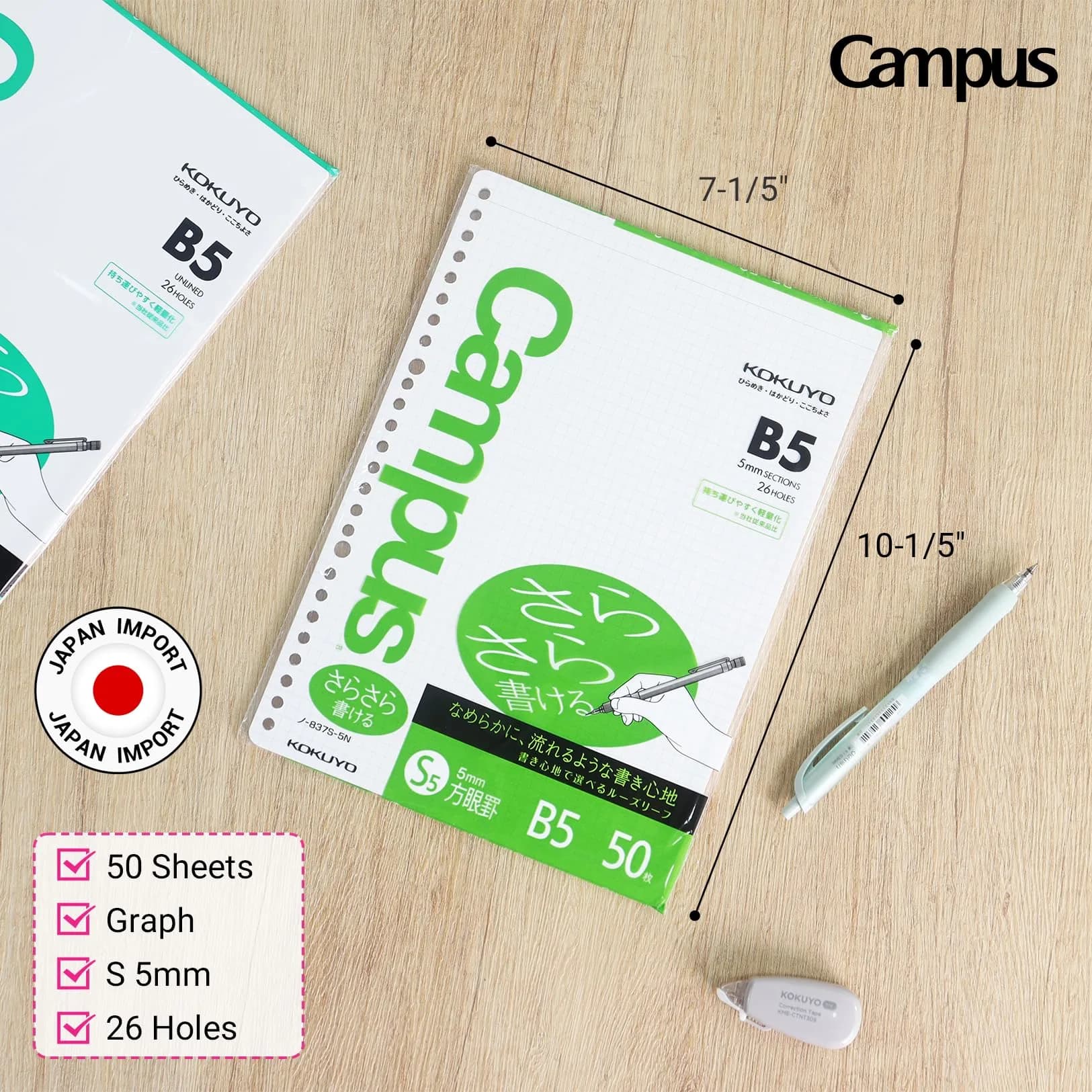 KOKUYO Campus Loose Leaf Paper B5 5mm Graph 50 Sheets 75 GSM Sarasara Smooth Writing 26 Holes | Japan Import - view 2