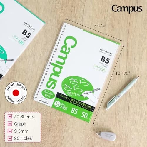 KOKUYO Campus Loose Leaf Paper B5 5mm Graph 50 Sheets 75 GSM Sarasara Smooth Writing 26 Holes | Japan Import thumbnail 2