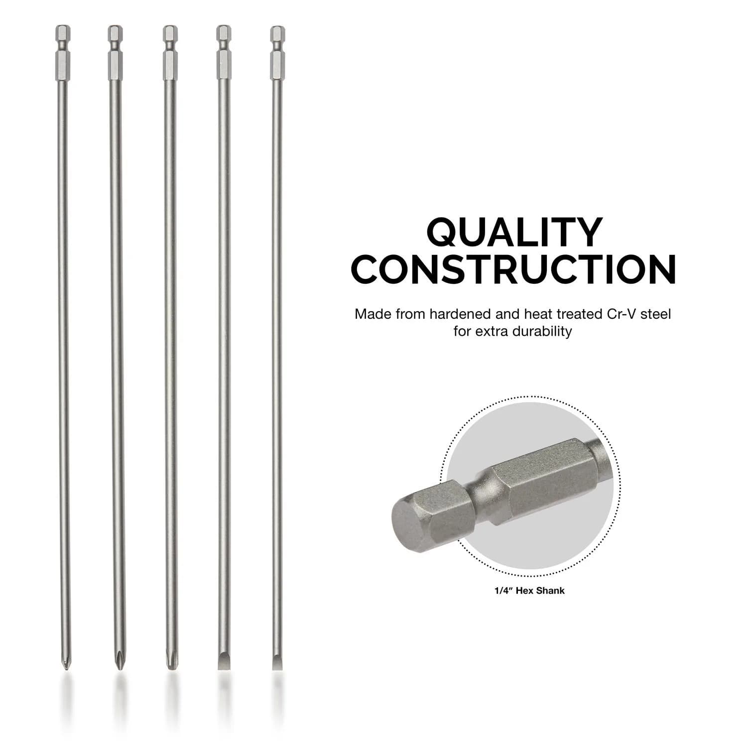 NEIKO Extra Long 12-Inch Phillips and Slotted Screwdriver Bit Set | 5-Piece | 30.48 cm (12 Inch) | Cr-V Steel | 1/4-Inch Hex Shank - view 2