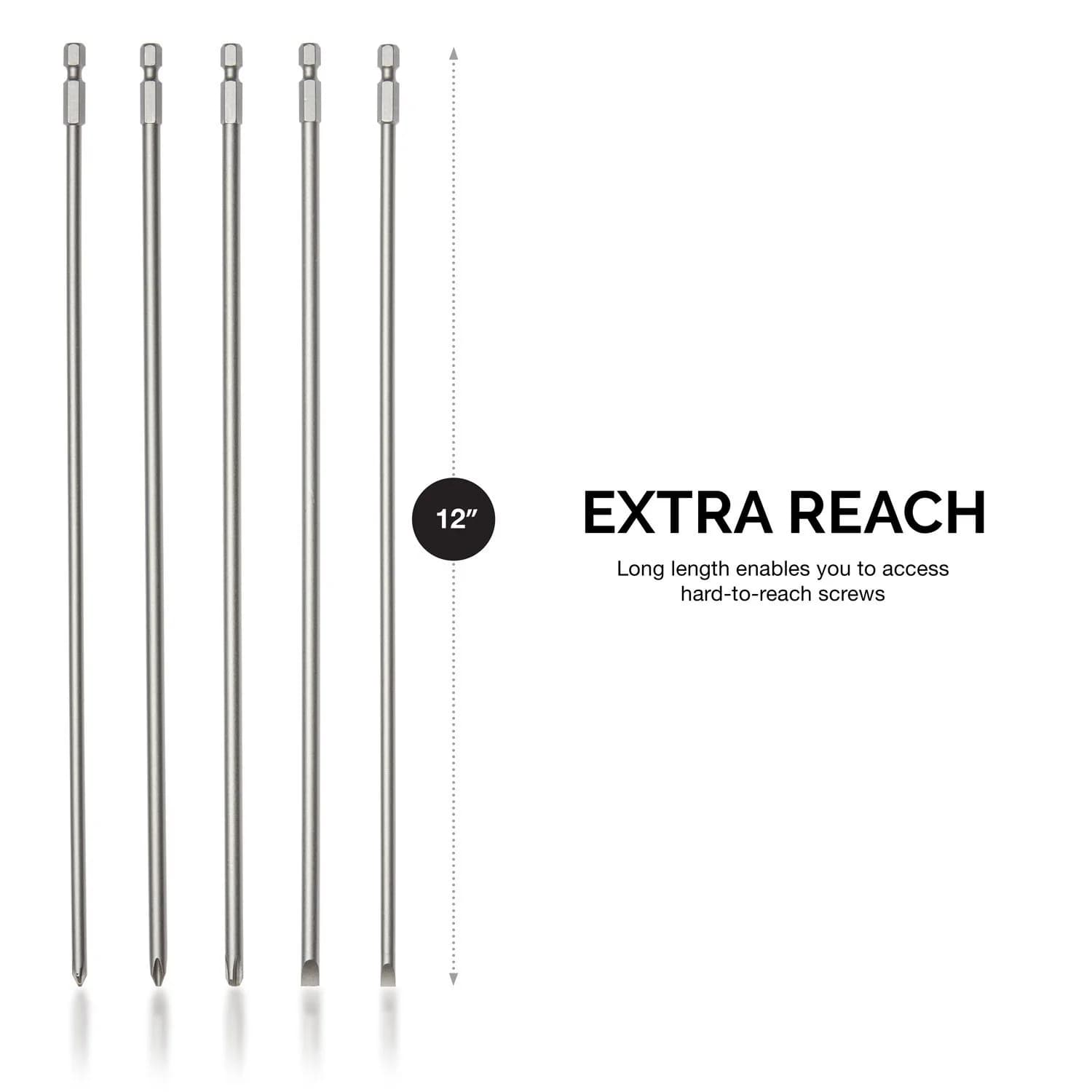 NEIKO Extra Long 12-Inch Phillips and Slotted Screwdriver Bit Set | 5-Piece | 30.48 cm (12 Inch) | Cr-V Steel | 1/4-Inch Hex Shank - view 3
