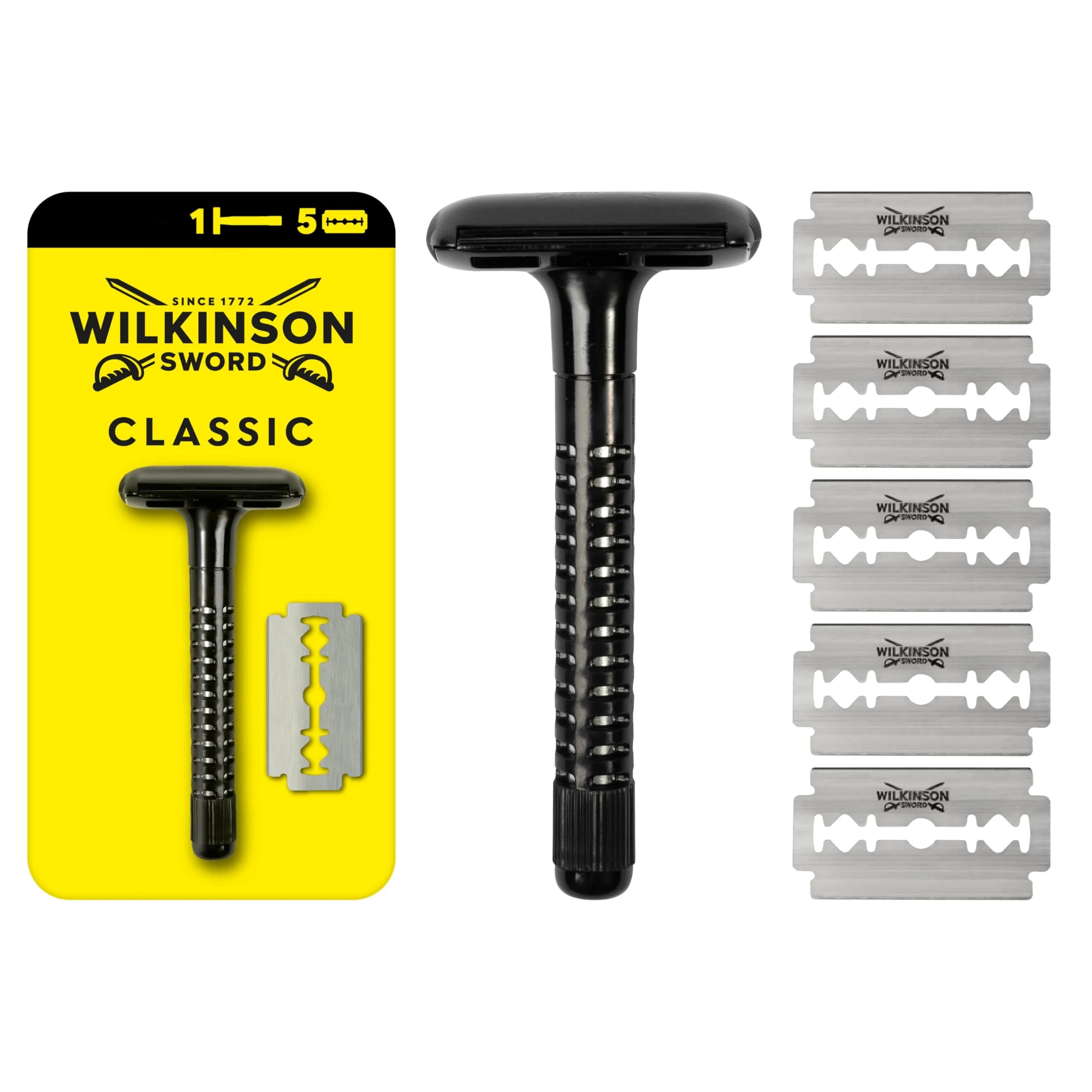 Wilkinson Sword Classic Safety Razor with 5 Blades | Metal Core, Retro Design, Double-Edged — black