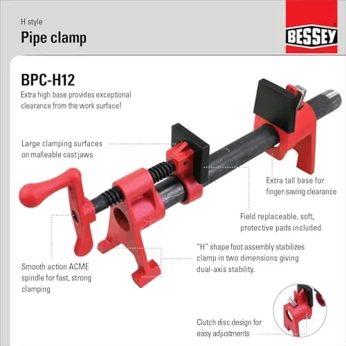 Bessey BPC-H12 1/2 Inch H Style Pipe Clamp | Versatile Workshop Tool for Woodworking & DIY thumbnail 2