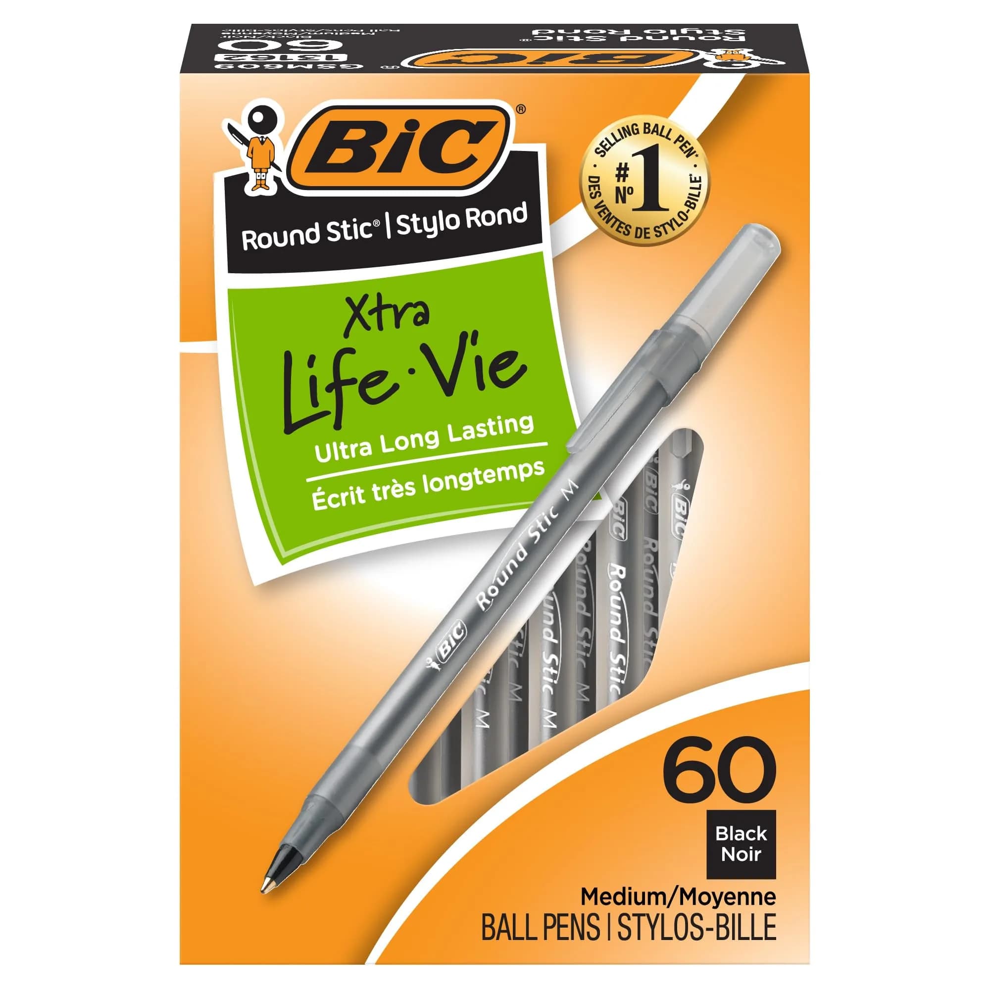 BIC Round Stic Xtra Life Ballpoint Pen, 60-Count Black Ink | Ultra Long Lasting & Consistent Flow - main product image