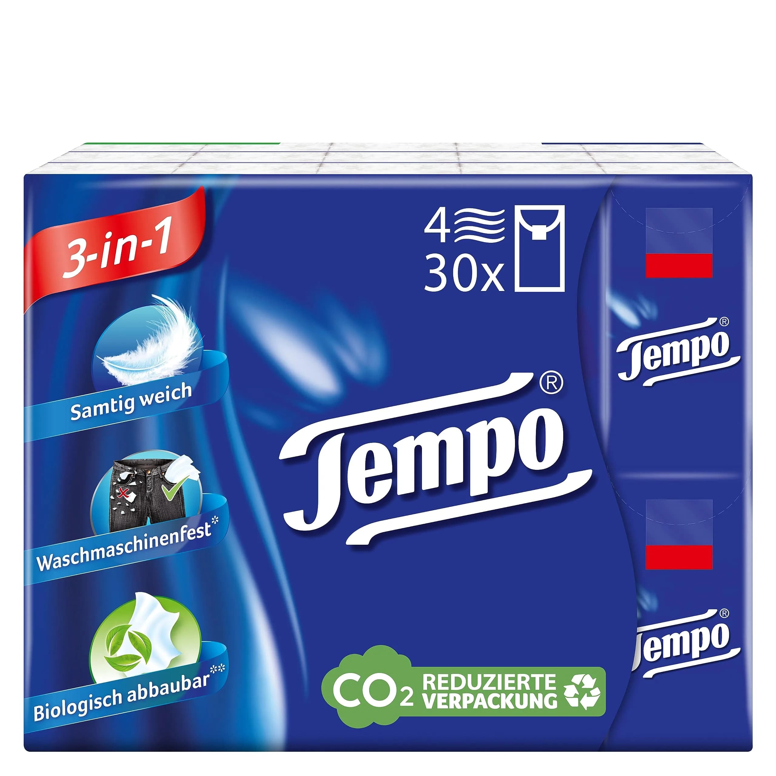Tempo 4-Ply Cotton Touch Facial Tissues, 300 Sheets (30 Packs of 10) | Germany's Most Popular Pocket Tissues — blue