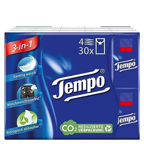 Tempo 4-Ply Cotton Touch Facial Tissues, 300 Sheets (30 Packs of 10) | Germany's Most Popular Pocket Tissues thumbnail 1