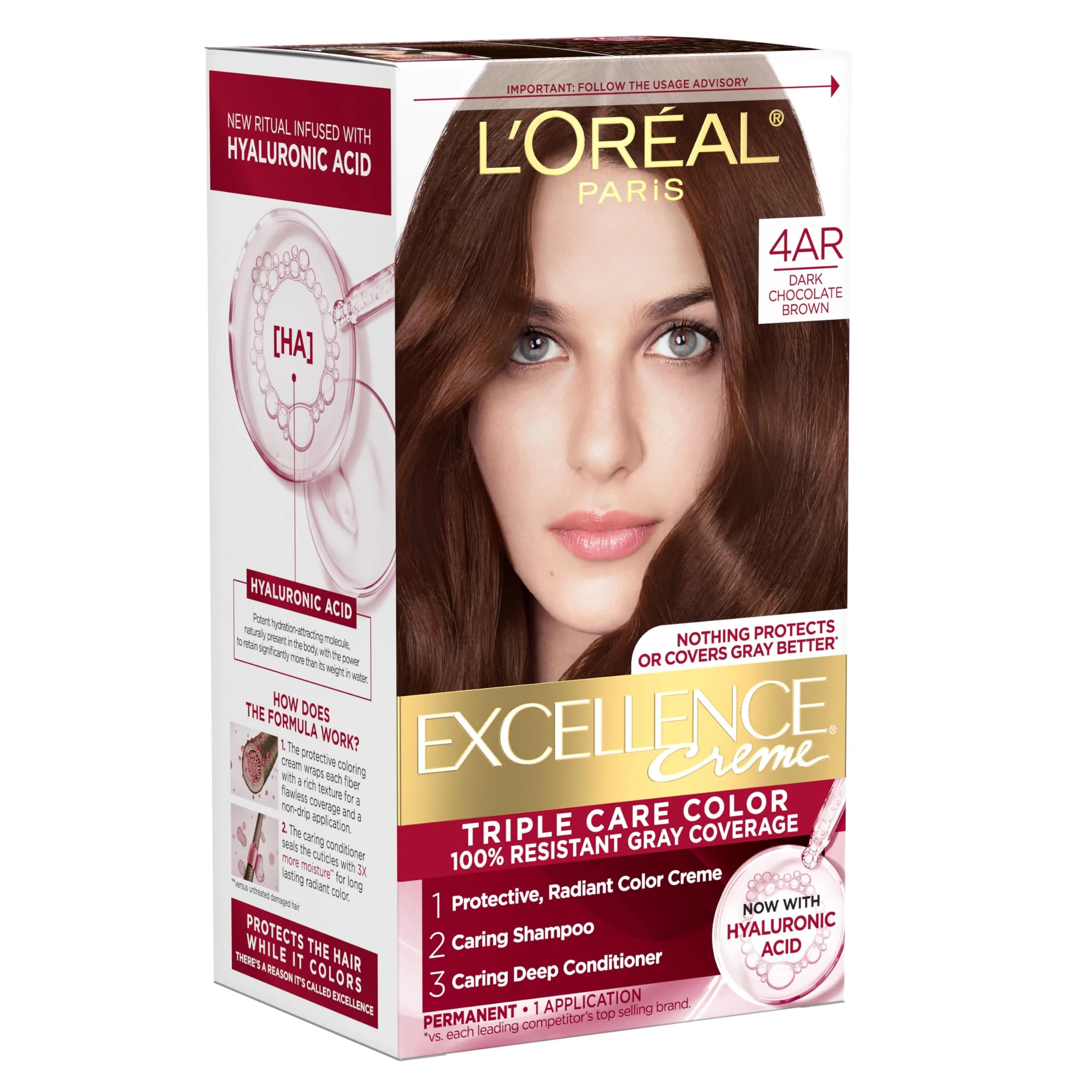 L'Oreal Paris Excellence Crème Permanent Hair Dye 4AR Dark Chocolate Brown | Triple Care Color Routine with Hyaluronic Acid thumbnail 1