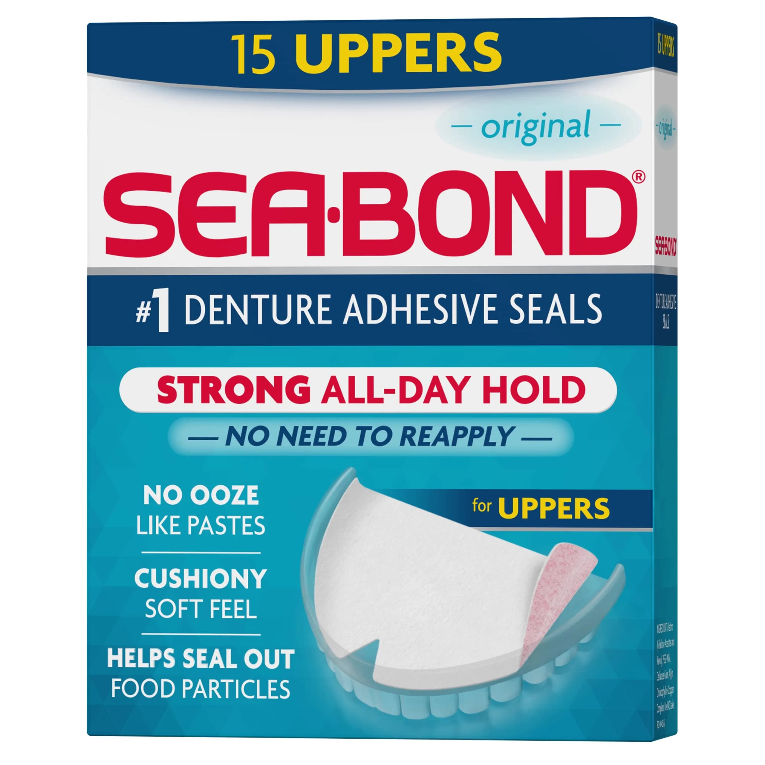 Sea-Bond Original Flavor Uppers Denture Adhesive Seals - 15 Count, Zinc-Free, Mess-Free Hold - main product image