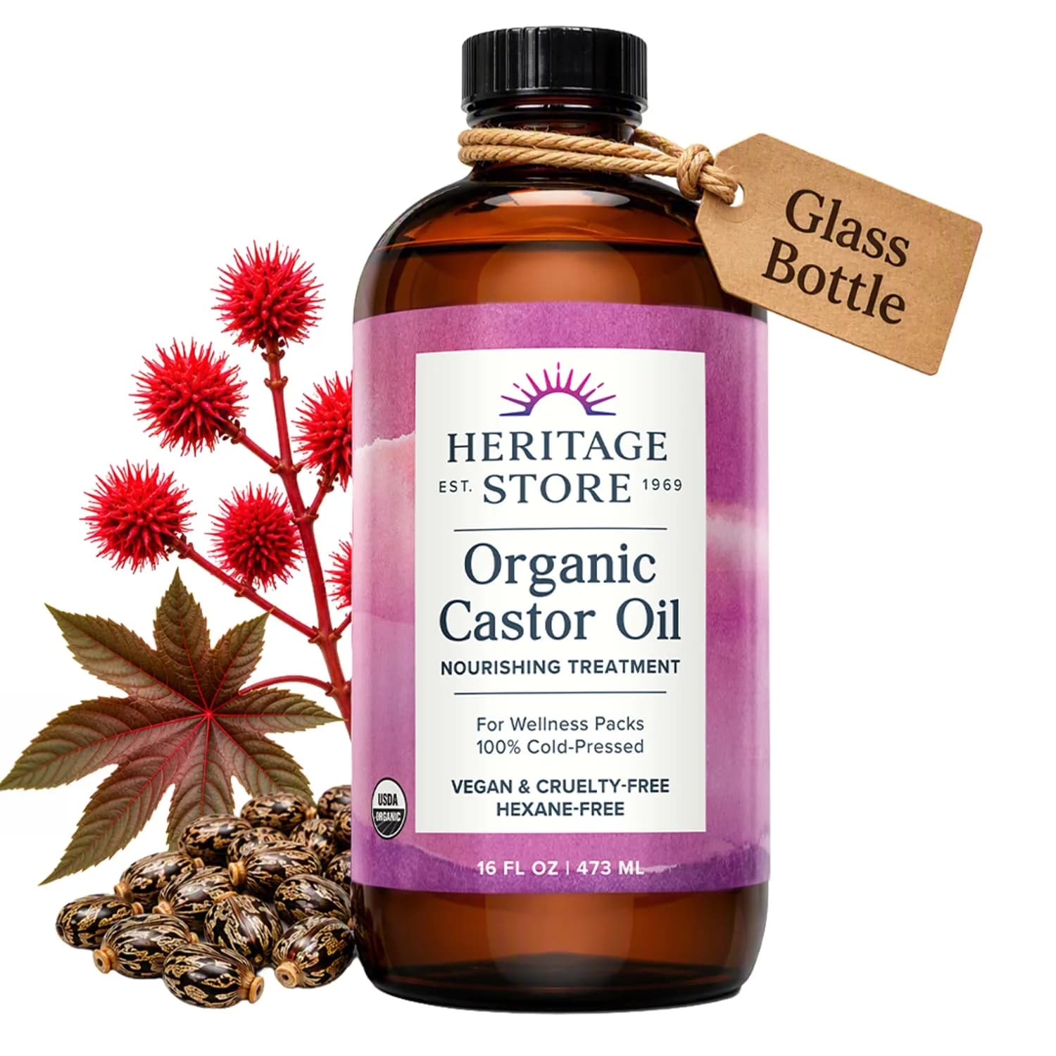 HERITAGE STORE USDA Organic Cold Pressed Castor Oil 473ml (16 fl oz) | Pure Hair & Skin Treatment