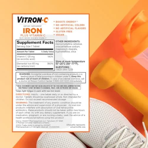 Vitron-C Iron Supplement Plus Vitamin C 60 Ct | Immunity & Energy Support, Vegan, Gluten-Free thumbnail 7