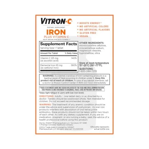 Vitron-C Iron Supplement Plus Vitamin C 60 Ct | Immunity & Energy Support, Vegan, Gluten-Free thumbnail 8