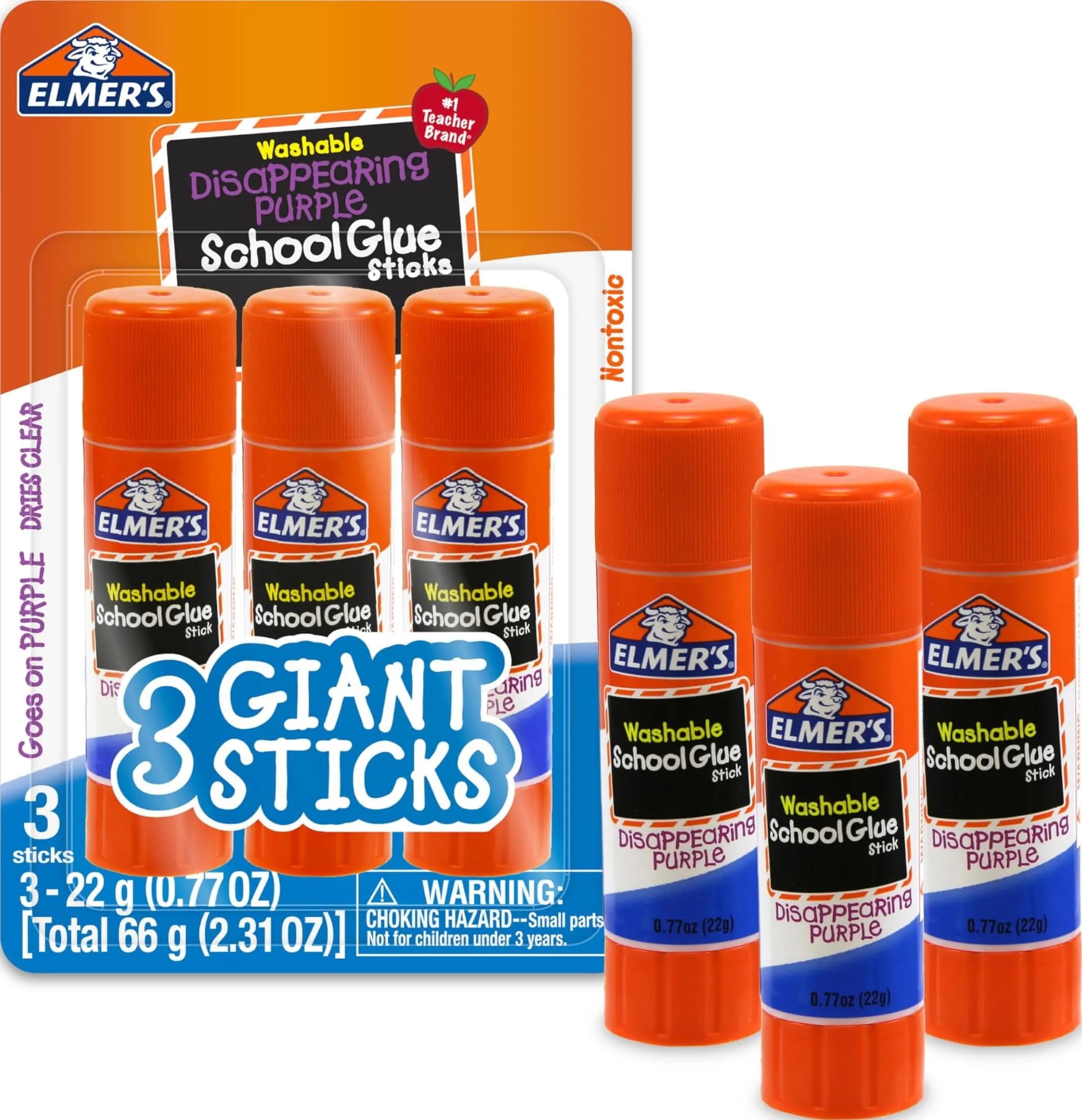 Elmer's Disappearing Purple School Glue Sticks, Washable, 3 Count (22g Each) | #1 Teacher Brand - main product image
