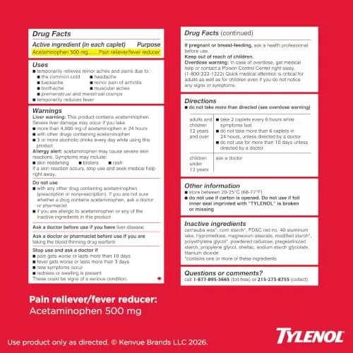 Tylenol Extra Strength Acetaminophen 500 mg Caplets | Fast Pain & Fever Relief for Adults & Kids 12+ thumbnail 8
