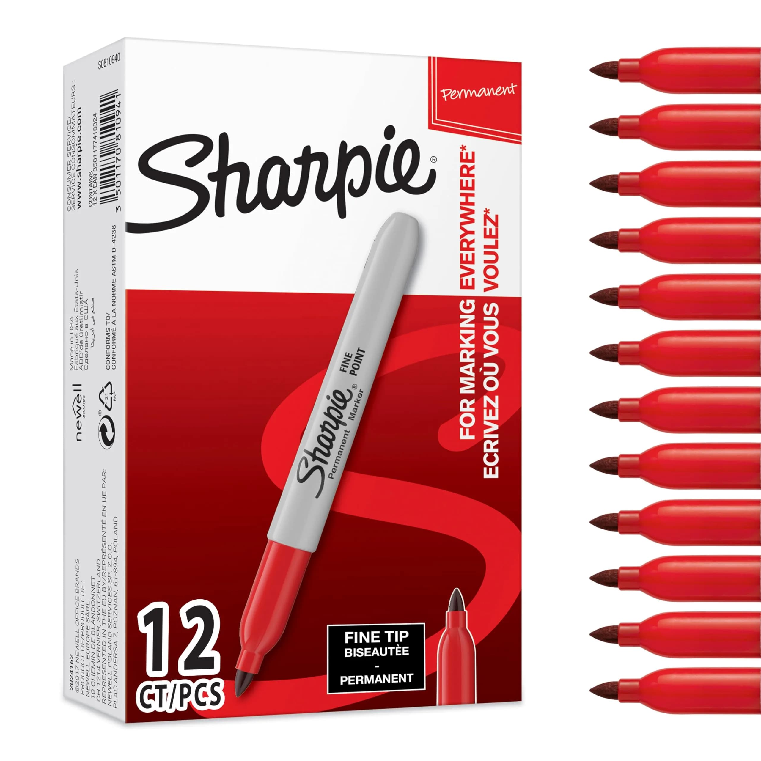 Sharpie Fine Point Permanent Markers, Red Ink, Pack of 12 Pens | Fade & Water Resistant - main product image