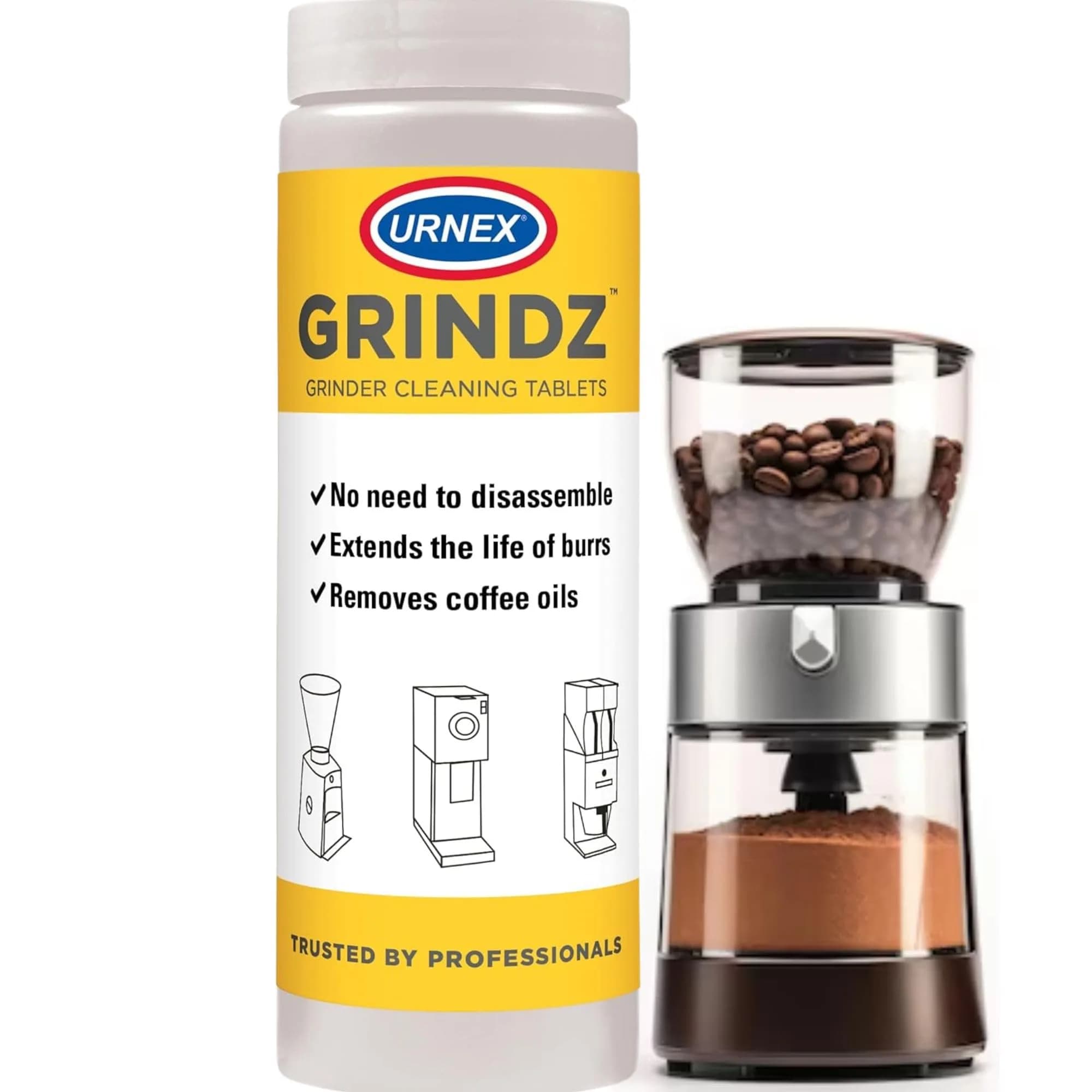 Urnex Grindz Professional Coffee Grinder Cleaning Tablets 102 Count | Cleans Burr and Casing — White
