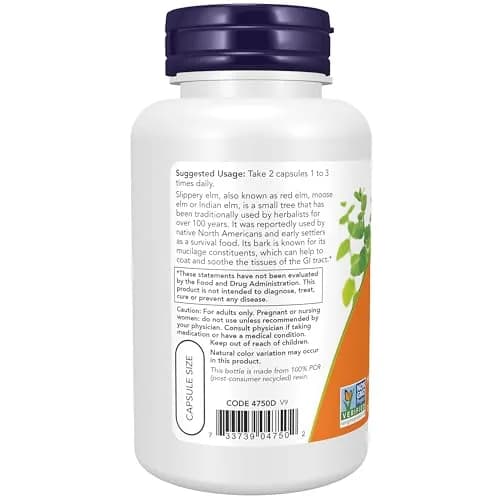NOW Supplements Slippery Elm 400 mg | Herbal GI Support, 100 Veg Caps, Unflavoured thumbnail 3