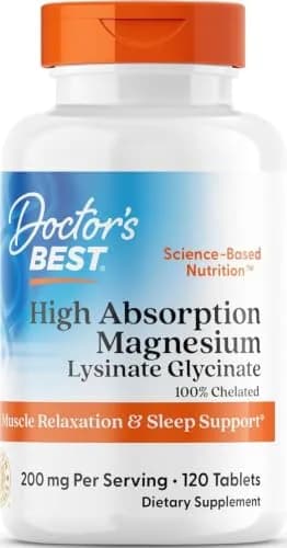 Doctor's Best High Absorption Magnesium Glycinate Lysinate Supplement 200mg 120 Count Tablets | Sleep Support & Muscle Relaxation thumbnail 1