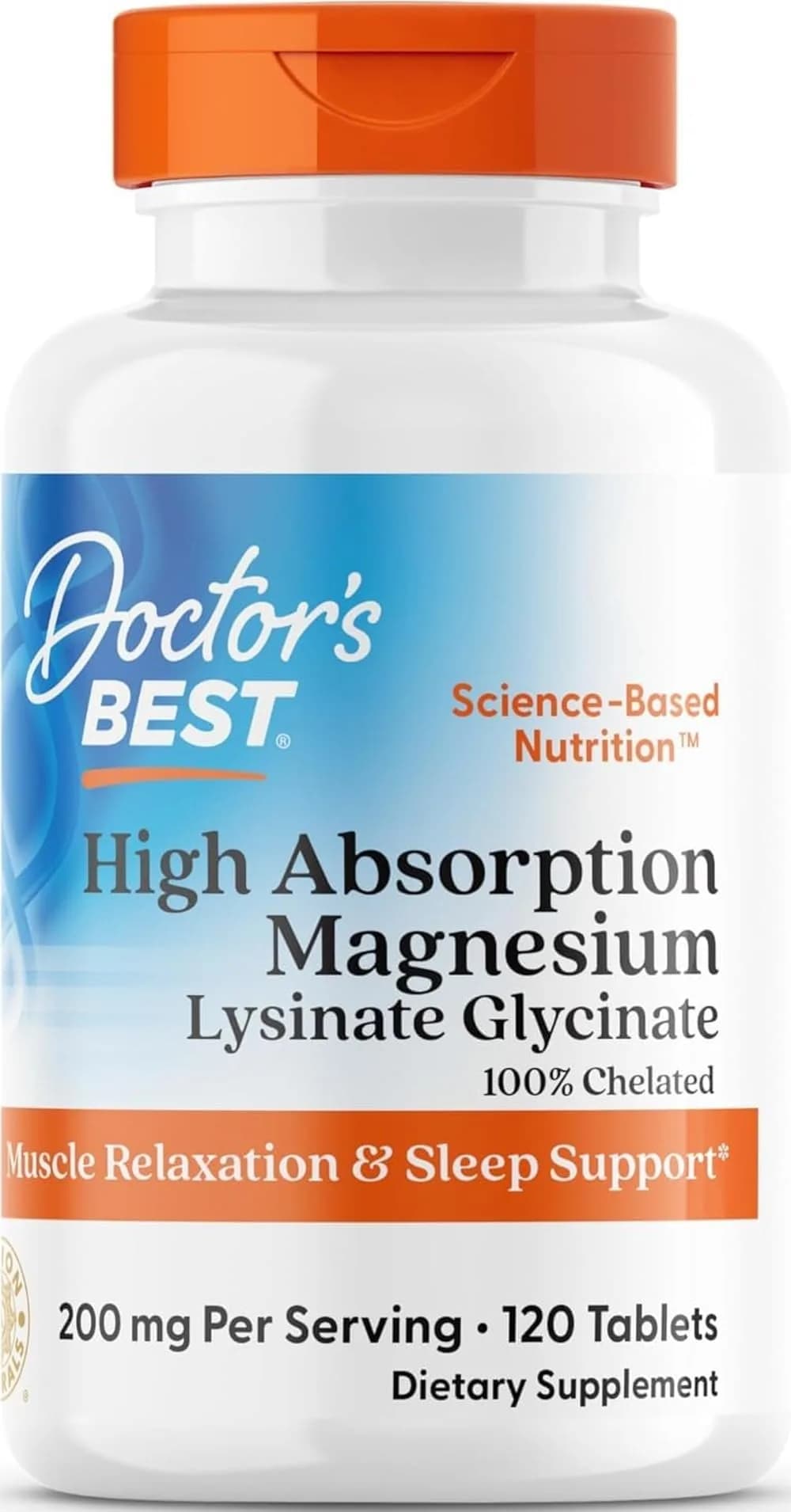 Doctor's Best High Absorption Magnesium Glycinate Lysinate Supplement 200mg 120 Count Tablets | Sleep Support & Muscle Relaxation — No Color