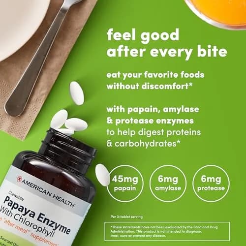 American Health Papaya Enzyme w/Chlorophyll Chewable Tablets 100ct | Digestive Support & Breath Freshening thumbnail 5