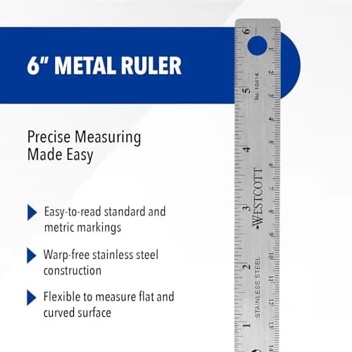 Westcott Stainless Steel Metal Ruler with Non-Slip Cork Base, 6 Inch (15.24 cm) | Precision Measurement Tool thumbnail 2