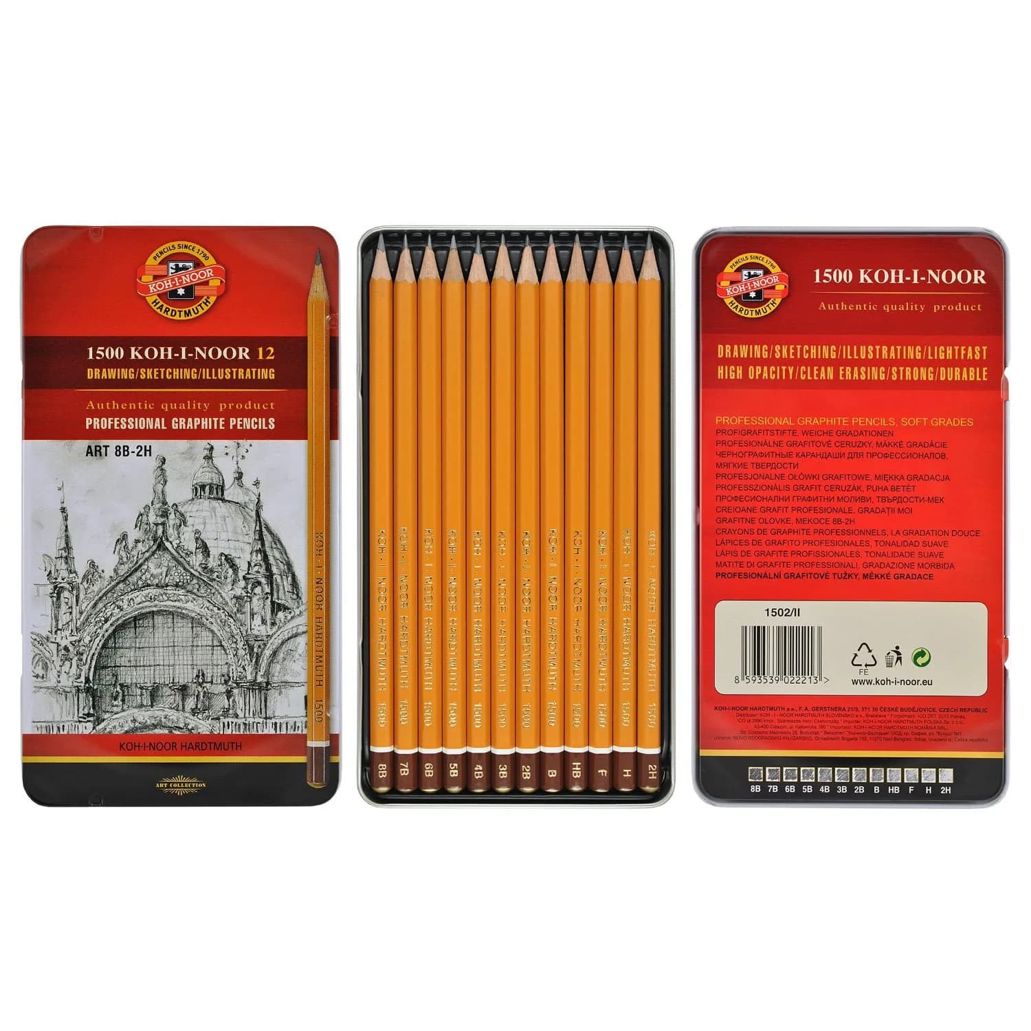 Koh-I-Noor Toison d'Or Graphite Pencil Artist Set, 8B-2H Degrees, 12 Pencils in Tin, 1 Each | Professional Drawing Tools — Black