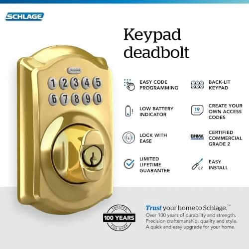 Schlage Electronic Keypad Deadbolt Lock Camelot Bright Brass | Keyless Security & Easy Install thumbnail 2