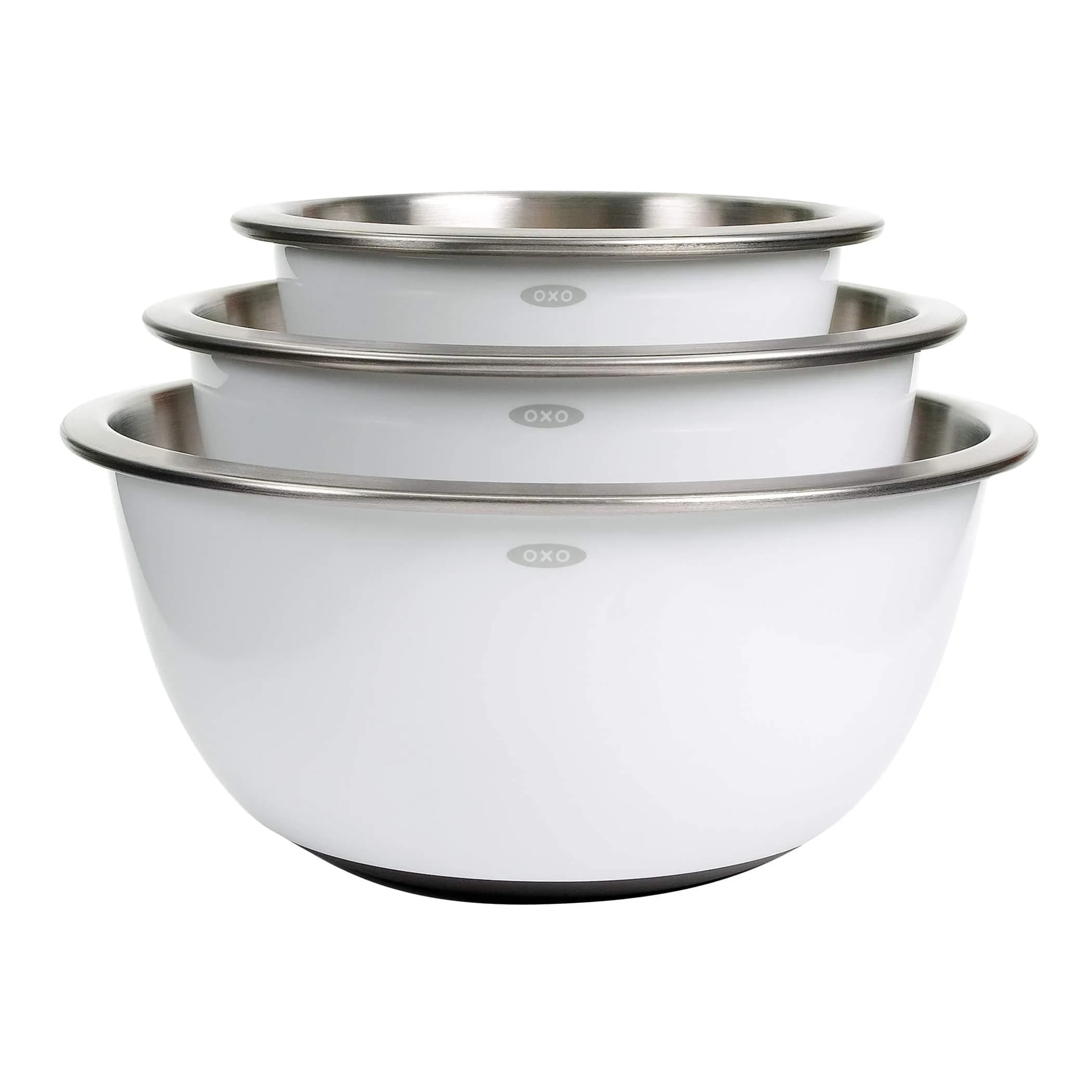 OXO Good Grips Stainless Steel Mixing Bowl Set - 3-Piece, 1.9L (1.5qt) / 2.8L (3qt) / 4.7L (5qt) | Nesting Bowls for Baking & Cooking — White