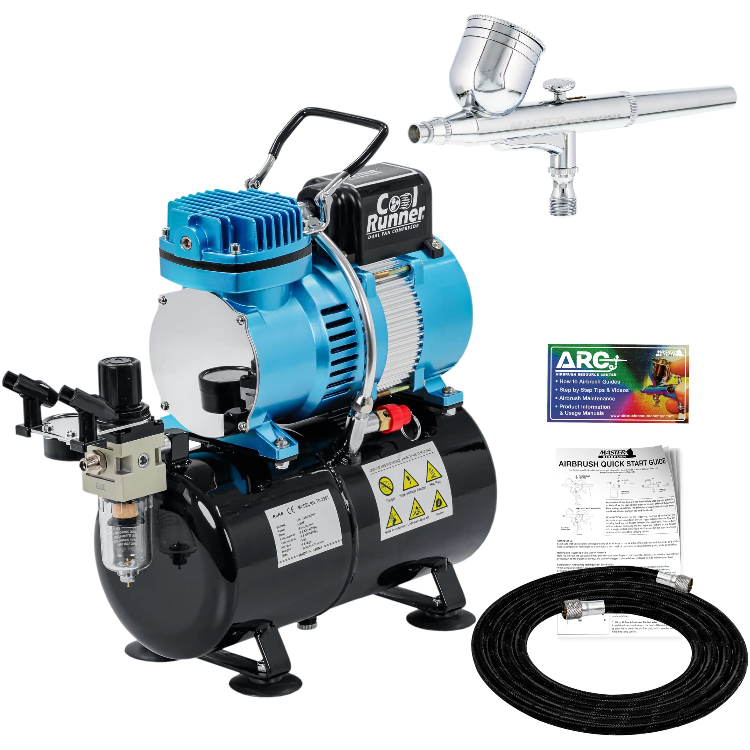 Master Airbrush Cool Runner II Tank Compressor with Gravity Airbrush Kit | 3L Tank, Quiet Operation, 0.3mm Tip