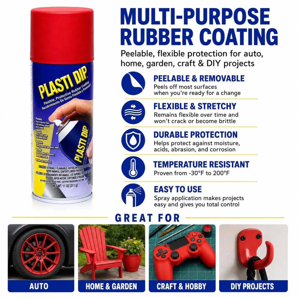 Plasti Dip Spray Red 311ml (11 Ounce) | Peelable Rubber Coating for Tools, Wheels & DIY Projects - view 2