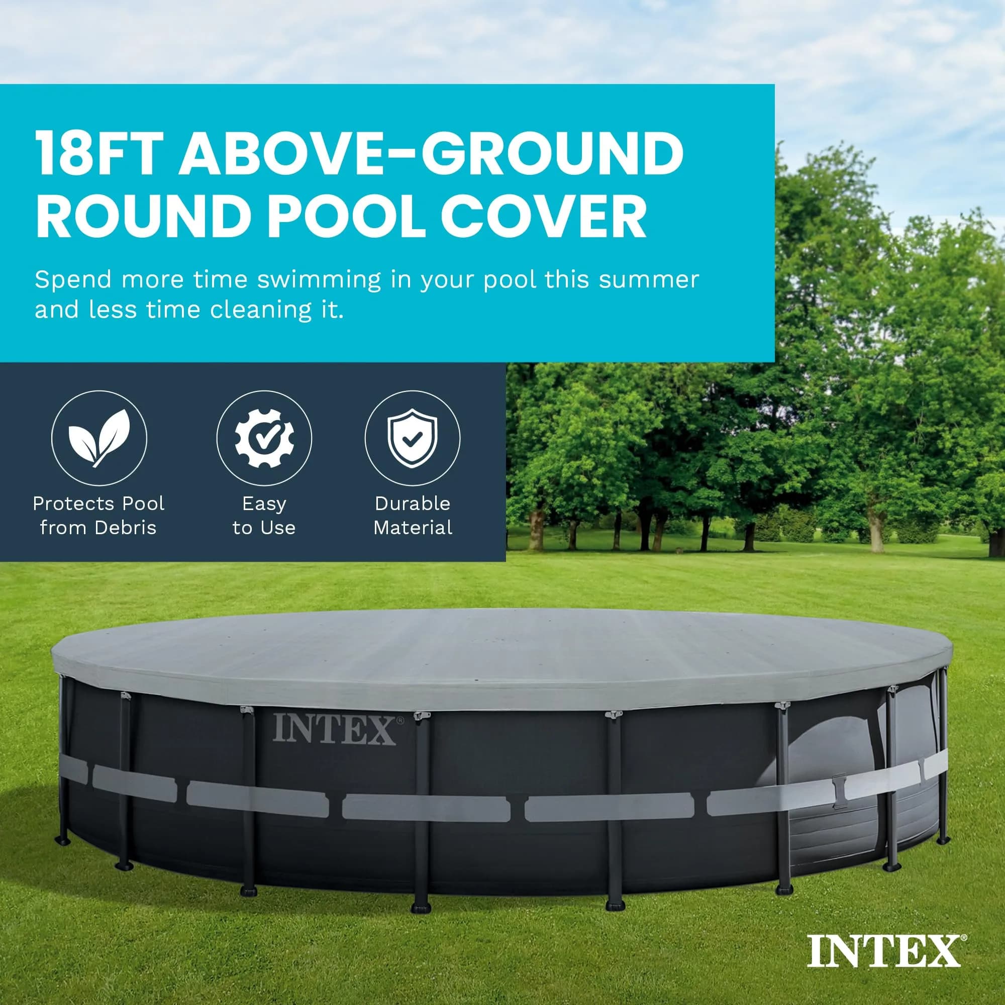 Intex Deluxe Pool Cover for 18ft Round Ultra XTR Pools | UV-Resistant, Rope Tie, 8in Overhang - view 3