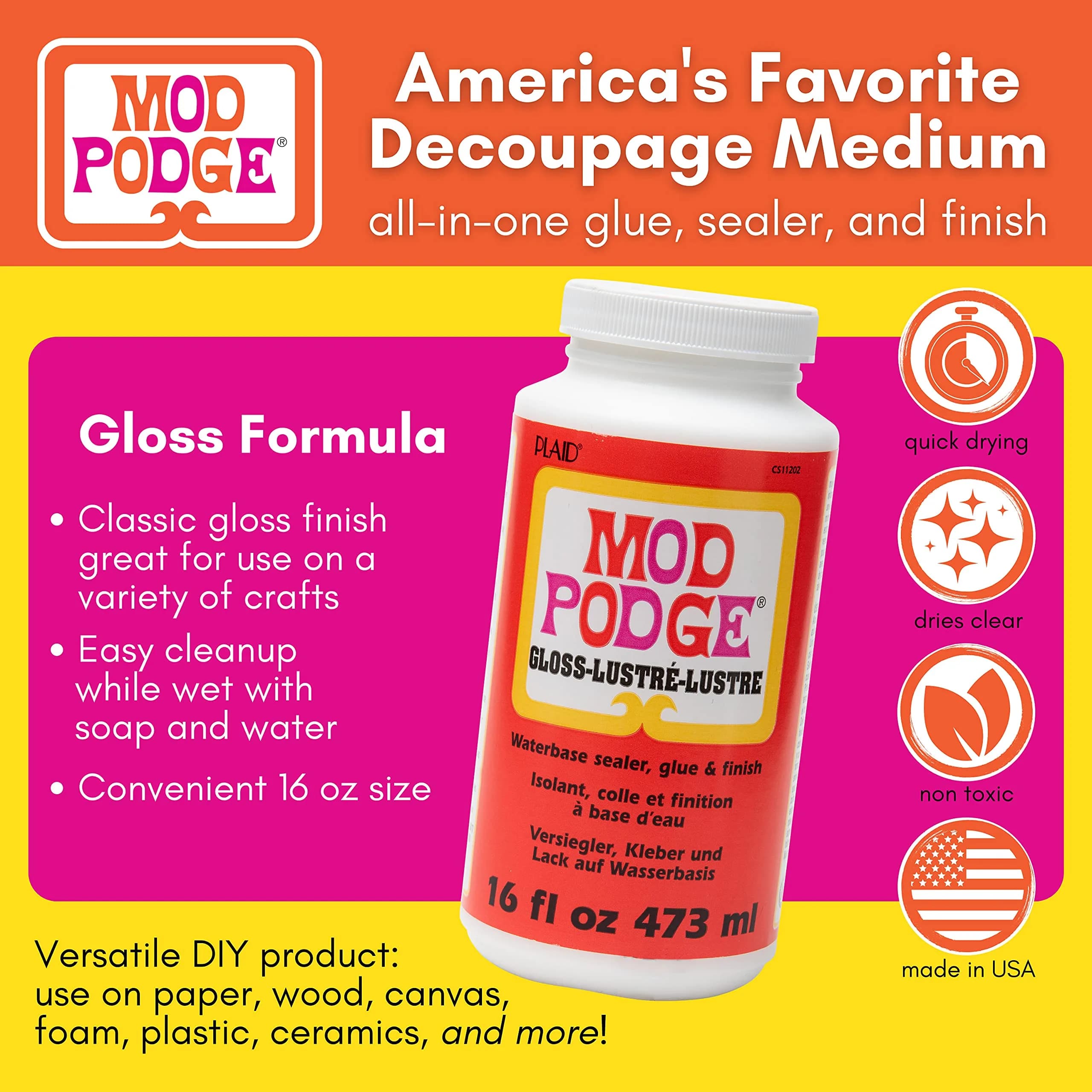 Mod Podge Gloss Sealer, Glue & Finish 473ml (16 fl oz) | All-in-One Craft Solution for Wood, Paper, Fabric - view 2